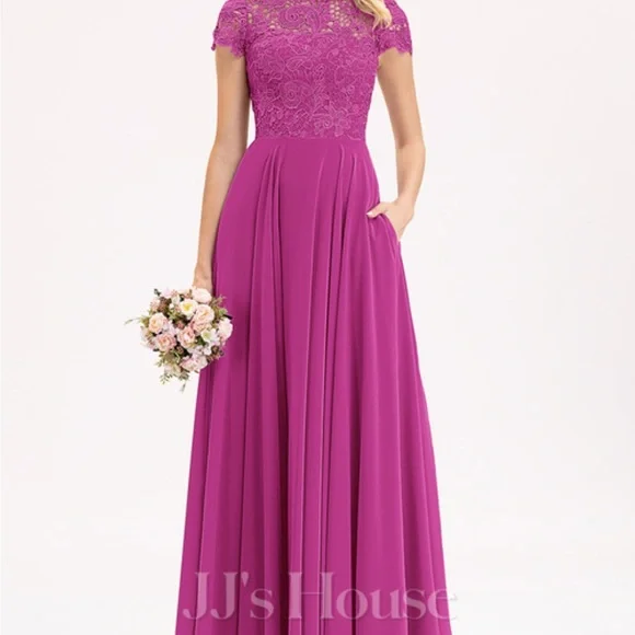 slim fit dress slacks Dani Modest A-Line Scoop Ruched Floor Length Chiffon Bridesmaid Dresses, Cabernet main image 0